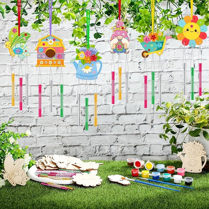 30 Pack Wind Chime Making Kit for Kids, Make Your Own Spring Tulip bee Wind Chime Wooden Ornaments for Girls and Boys DIY Crafts Activity Birthday Party Decoration