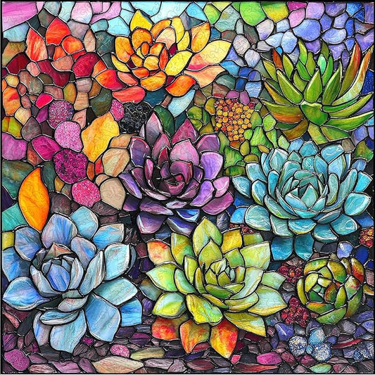 delobi Stained Glass Puzzle Succulent Wooden Puzzles for Adults 300 Pieces, Unique Liberty Challenging Jigsaw Puzzles Gift for Friends Family Game 12.4 x 12.4 Inch