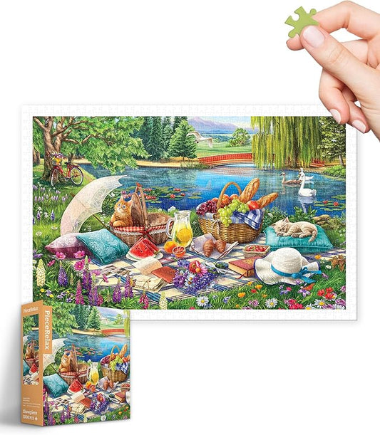 PieceRelax Plastic Jigsaw Puzzles for Adults 1000 Pieces - Image World - Kitten Picnic Most Satisfying Table Games and Gifts No Puzzle Mat Required [H3564]