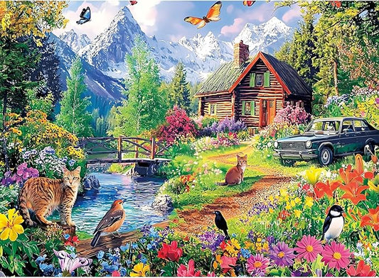 300 Pieces Puzzles for Adults,Snow Mountain House Flowers Birds Truck Themed Puzzle,Large Puzzle Pieces for Seniors,Cats Jigsaw Puzzles for Kids Ages 8-10,Puzzles for Family Game Nights,20.5 x 15 in