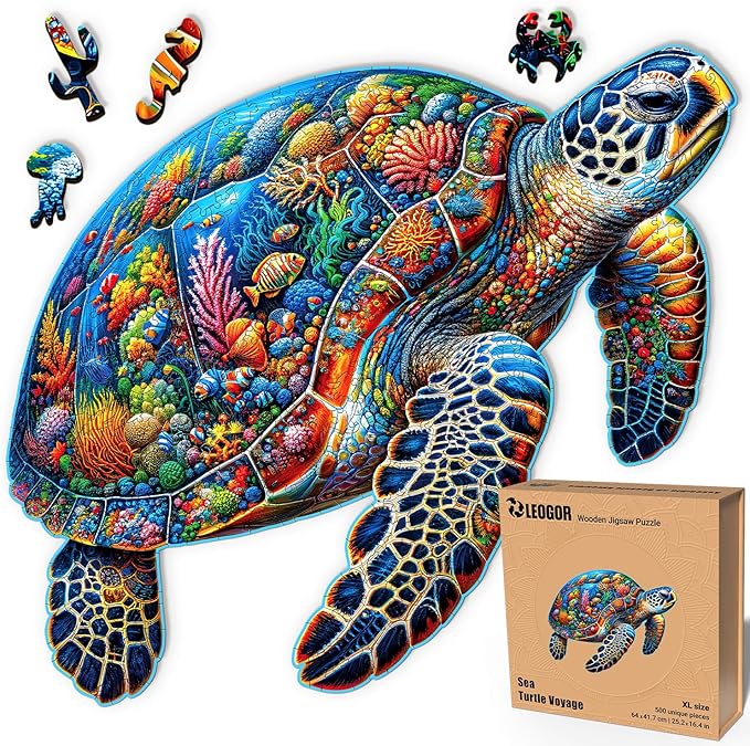 LEOGOR Wooden Jigsaw Puzzles for Adults 500 Pieces (25.2 x 16.4 in), Sea Turtle Puzzle, Extra-Thick 5mm Wood, Colorful Marine Life Design, Unique Gift and Interesting Challenge for Adults and Teens