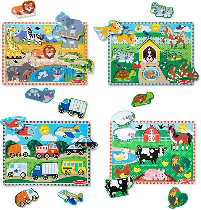 Melissa & Doug Wooden Peg Puzzle Set – 4-Pack Vehicle, Farm, Safari & Pet Animal Themes – Educational Puzzles for Toddlers and Preschoolers Ages 2+