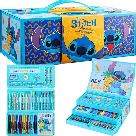 Disney Stitch Kids Colored Pencils Drawing Kit Art Set for Girls Boys Stationery with Notepad Crayons Markers Travel Case Gifts for Kids (Blue Stitch)