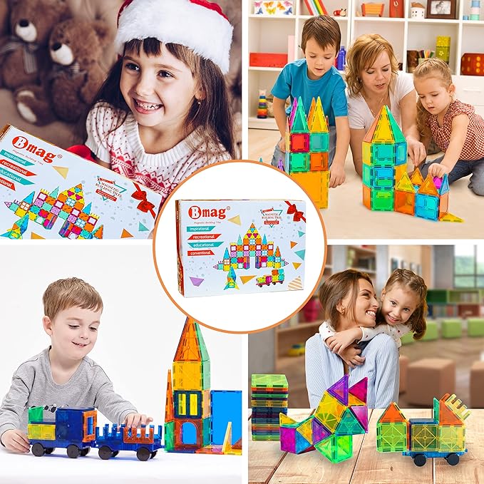 Bmag 100PCS Magnet Building Blocks with 2 Cars for Kids, Magnetic Tiles Stacking Building Set for Boys Girls, STEM Preschool Educational Learning Construction Toy