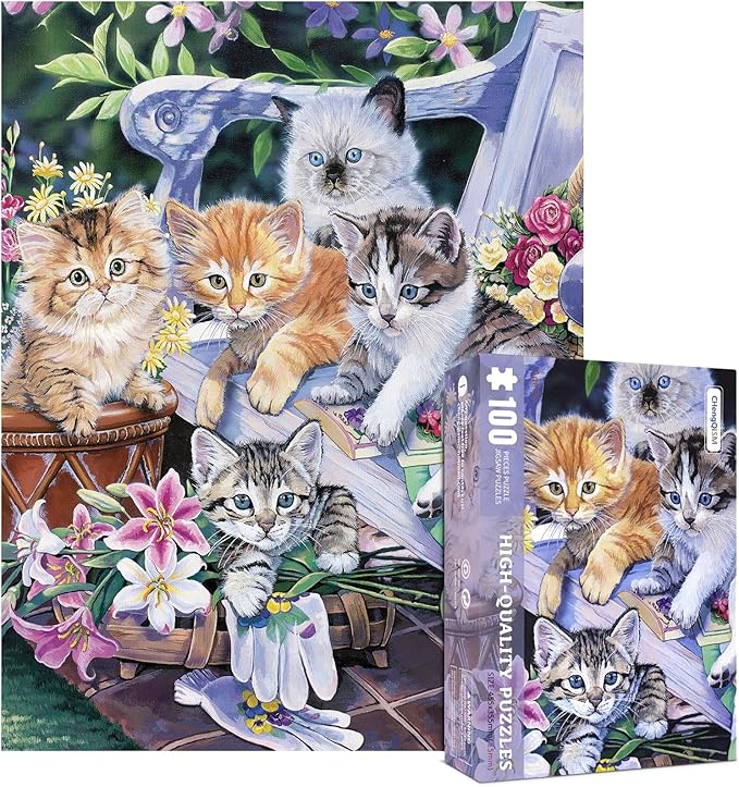 100 Piece Puzzles for Kids Cat 100 Piece Puzzles for Adults, Cute Kitten Group 100 Pieces Puzzle for Kids Ages 4-8, Perfect Gardening Buddies Puzzle for Seniors Teens Brain Teaser