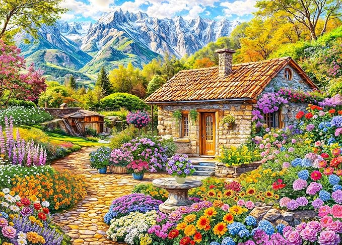 HUADADA 1000 Piece Puzzles for Adults - Colorful Flower House in The Mountains -Vibrant Views- Jigsaw Puzzles for Adults and Kids 1000 Piece Educational Games Colorful Puzzles for Home Decoration