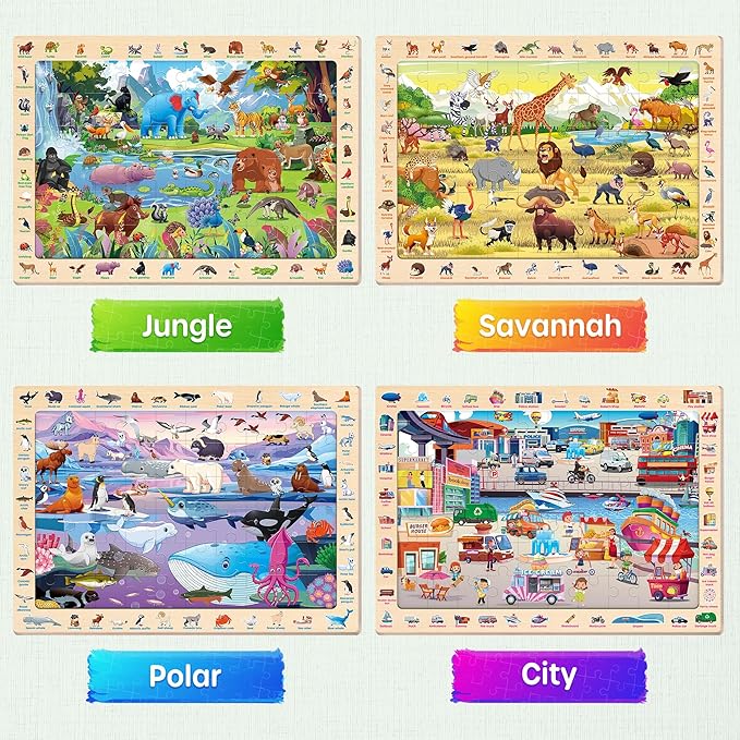 SYNARRY Wooden Puzzles for Kids Ages 4-6, 4 x 60 Piece Match & Find Puzzles for Kids Ages 3-5 Boys Girls, Educational Toys Gifts for 4-8 yo for Learning Jungle Savannah Polar Animals & City Life