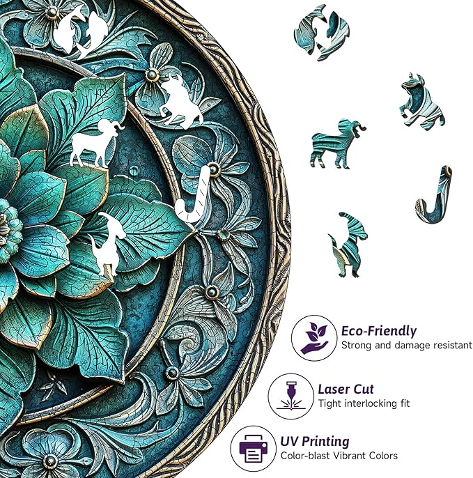 Round Floral Wooden Puzzle - Exquisite Teal Floral Mandala Vintage Style Art Wood Jigsaw for Adults, 454pcs Unique Wood Animal Shaped Puzzle, Family Game Home Decor