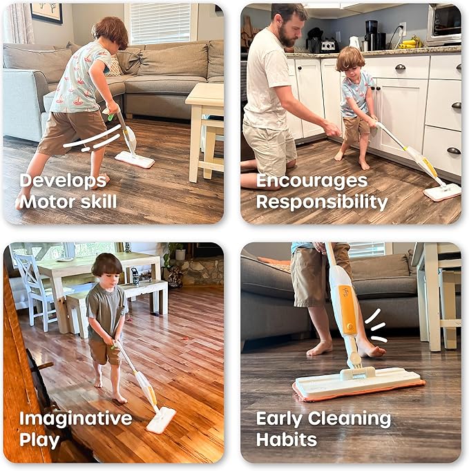 Quiggly Toy Spray Mop for Kids - Toddler Cleaning Set with Real Water Sprayer - Montessori Cleaning Set Mini Sweeper - Educational and Fun Kids Mop - Squeeze and Spray