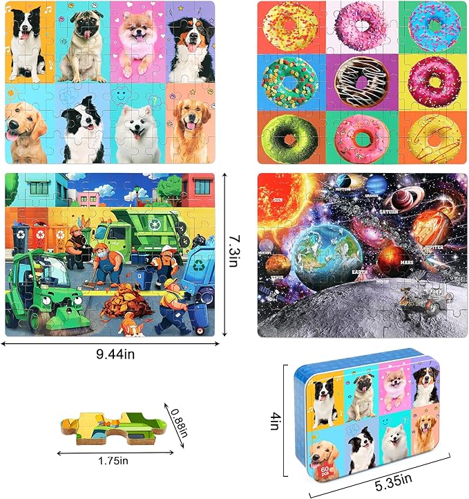LELEMON Puzzles for Kids Ages 4-6,4-Pack 60 Piece Puzzles for Kids Ages 4-8 in a Metal Box,Donut Dogs Space Garbage Truck Educational Jigsaw Puzzles Puzzle Games Puzzle Toys for Girls and Boys