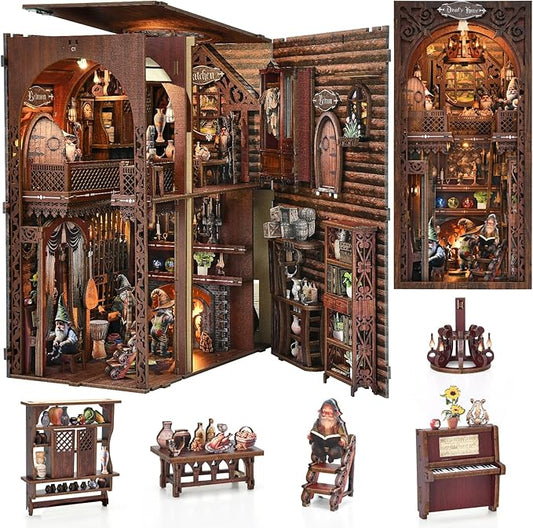 Book Nook Kit, Book Nook Kits for Adults and Teens, DIY Miniature Dollhouse Kit 3D Wooden Puzzle Booknook Bookend with LED Light