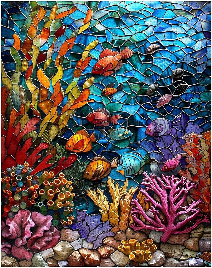 1000 Piece Jigsaw Puzzles for Adults Stained Glass Ocean Painting Jigsaw Puzzle Underwater World 1000 Pieces Puzzles Game Colorful Glass Coral Fish Wall Decor DIY Craft Puzzle Sea Ocean Landscape Art