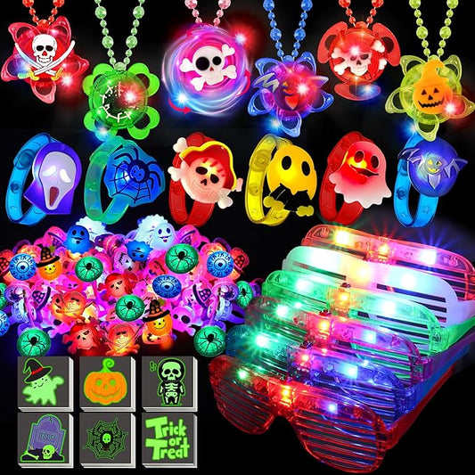 88 Pcs Halloween Party Favors for Kids, Halloween Glow in The Dark Toys Bulk Light Up Rotating Necklaces LED Glasses Bracelet Ring Halloween Treats Classroom Prizes Goodie Bag Fillers Trick or Treat