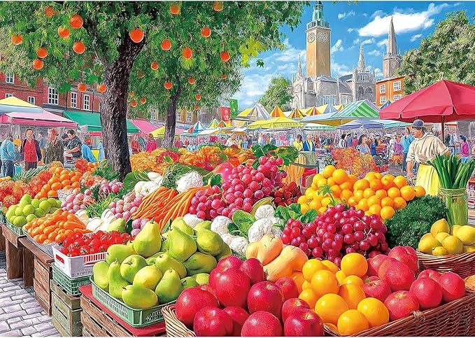 Farmers Market 1000 Piece Jigsaw Puzzle for Adults Colorful Fruit Stand Scene with Letters on Back Fun Cathedral Landscape Puzzle Games for Adults Game Night