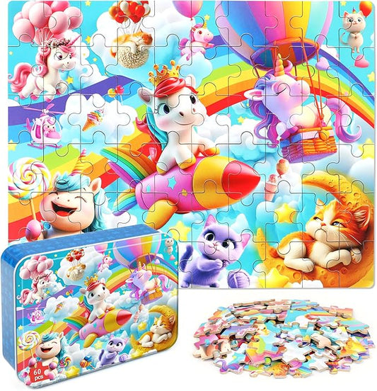 Rainbow Horse Unicorn Puzzles for Kids Ages 4-8, 60 Pieces Jigsaw Puzzles for Kids Ages 3-5 Puzzle for Girls and Boys Learning Educational Puzzles Toys in a Metal Box