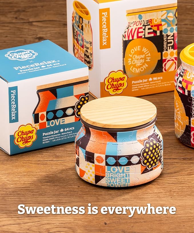 Chupa Chups X PieceRelax 3D Puzzle Jar 64 Plastic Pieces for Adults - Timeless Memories - Retro Fun S Wooden Lid Container for Kitchen Dining Study Living Room No Glue Requied Small [BC1024]