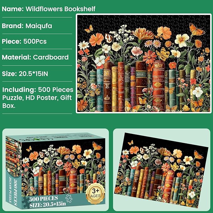 500 Piece Puzzle for Adults | Vintage Wildflowers Books Puzzle | Recycled Cardboard Plant Flowers Jigsaw Puzzle 500 Pieces | Challenging Game Home Decor Birthday Party Gift Toy for Adults Kids Seniors