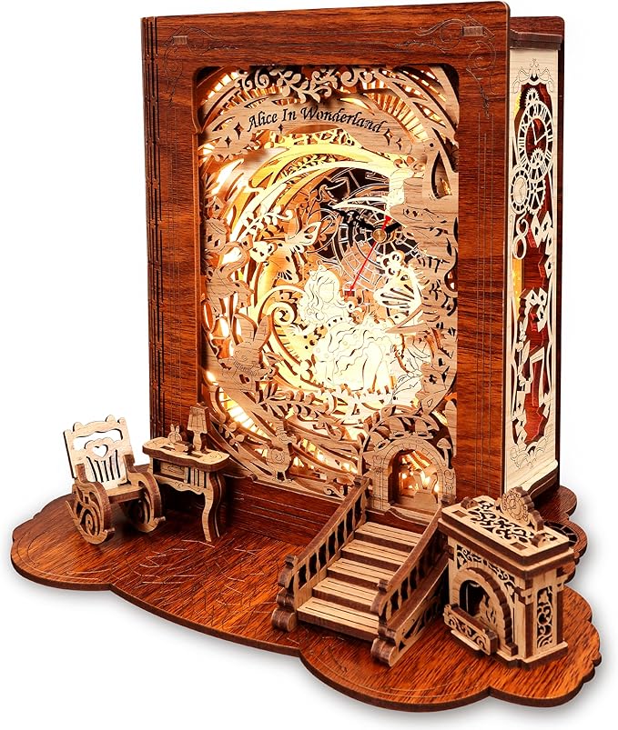 Alice in Wonderland LED 3D Puzzle Nightlight - DIY Book Lamp with Clock - 3D Wood Puzzles Nightlight Home Décor for Kids and Adults