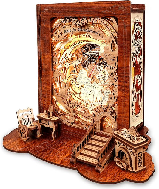 Alice in Wonderland LED 3D Puzzle Nightlight - DIY Book Lamp with Clock - 3D Wood Puzzles Nightlight Home Décor for Kids and Adults