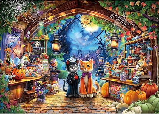 Halloween Cat Candy Shop 1000 Piece Jigsaw Puzzle for Adults Spooky Horror Puzzle with Ghosts Pumpkins Moonlit Night Scary Haunted Creepy Kittens Puzzle Fun Game Night(27.6" x 19.7")