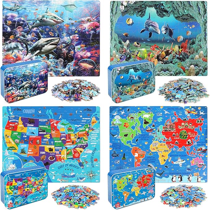 LELEMON 100 Pieces Puzzles for Kids Ages 4-8, 4 Set Kids Puzzle Ages 6-8,United States World Shark Dolphin Children Learning Educational Puzzless Toys for Boys and Girls