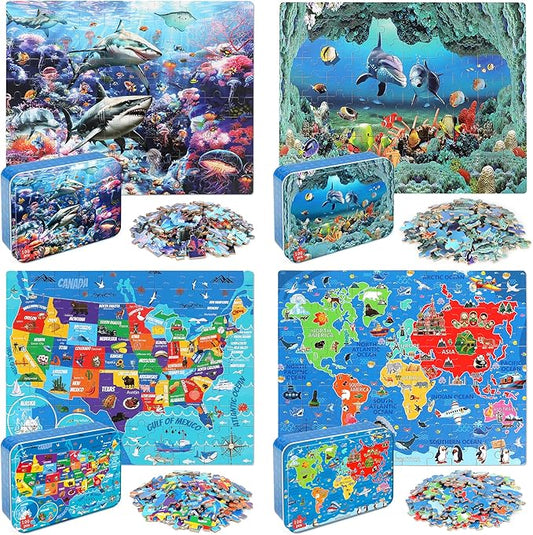 LELEMON 100 Pieces Puzzles for Kids Ages 4-8, 4 Set Kids Puzzle Ages 6-8,United States World Shark Dolphin Children Learning Educational Puzzless Toys for Boys and Girls