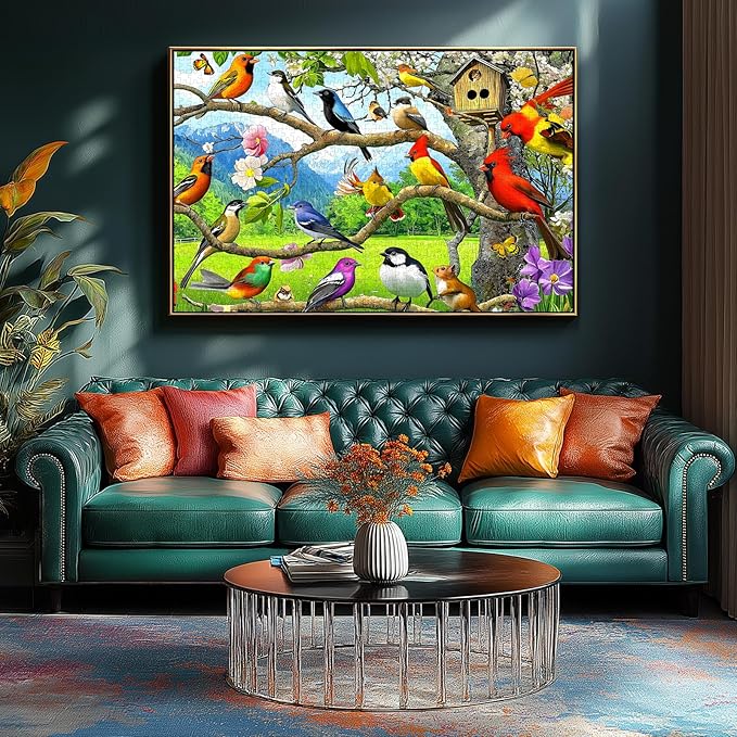 Birds of Spring 1000 Piece Jigsaw Puzzle for Adults Garden Colorful Songbirds on Tree Branch Scene Landscape Puzzle Challenging Family Puzzle Perfect for Game Nights (27.5"X19.6")