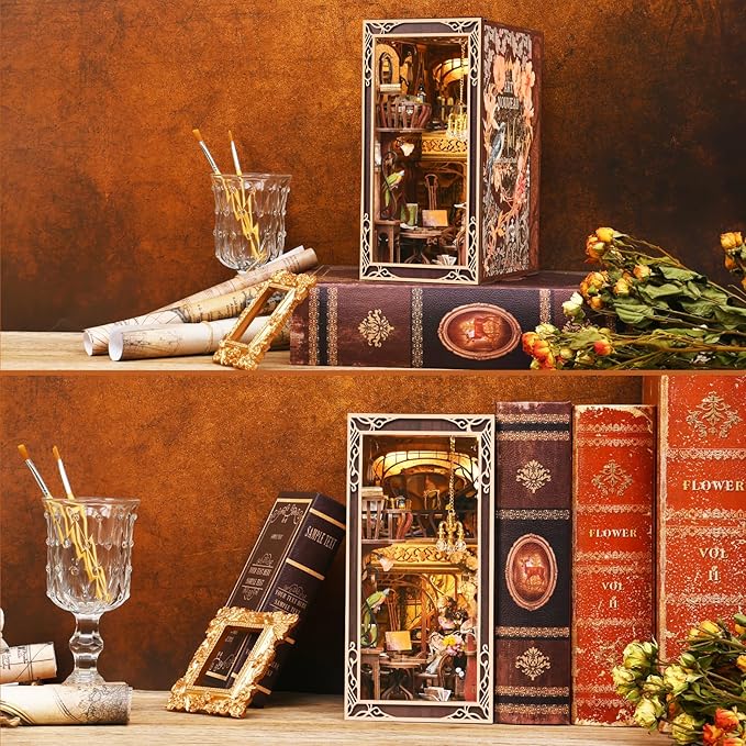 DIY Book Nook Kit for Adults, 3D Wooden Puzzle Bookend Bookshelf Insert Decor with LED Light and Dust Cover (Painter's Day at Dusk)