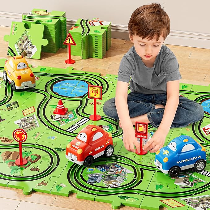 64 PCS Puzzle Track Car Set for Boys Kids 3-5, Toddler Boys Toys for 3 4 5 6 Years Old, Puzzle Race Tracks Car Toys, Birthday Gifts for Kids 3 4 5 6 7 8 Year Old Boys Girls