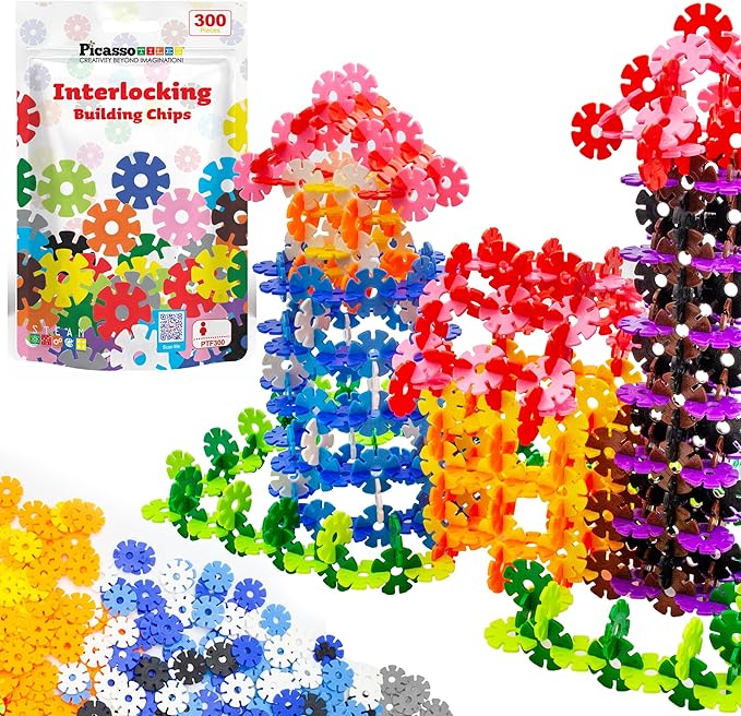 PicassoTiles Construction Building Chips Block 300 Piece Set Interlocking Plastic Disc STEM Learning Toy Creative Education Child Brain Development Play for Toddler Kids Boys Girls Ages 3 & Up PTF300