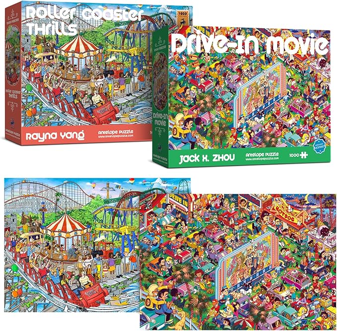 Antelope 2 in 1 1000 Piece Puzzle Bundle - Drive in Movie & Roller Coaster Jigsaw Puzzles