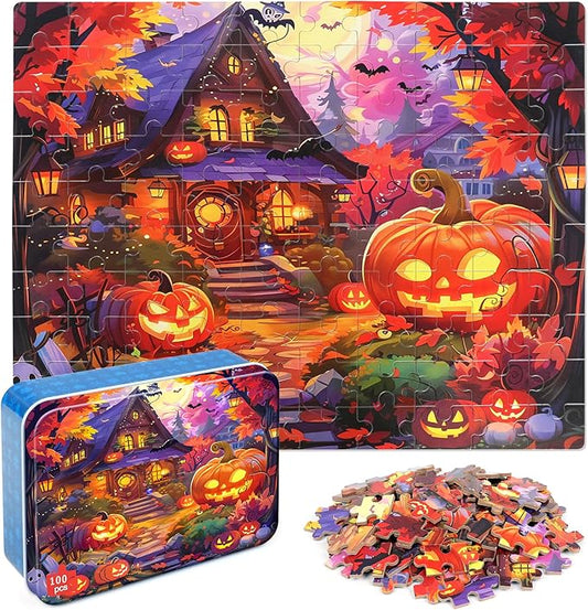 LELEMON Halloween Puzzles for Kids Ages 4-8,100 Piece Funny Pumpkin Castle Bat Jigsaw Puzzle for Children,Learning Educational Toys for Boys and Girls