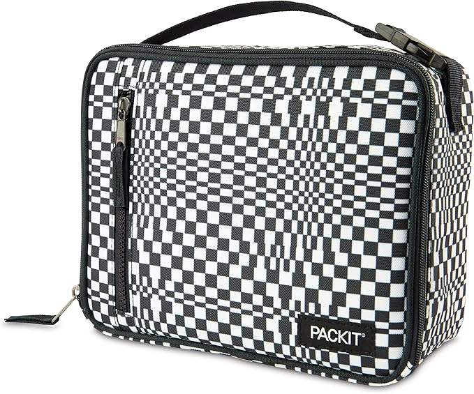 PackIt Freezable Classic Lunch Box, Checked Out, Built with EcoFreeze Technology, Collapsible, Reusable, Zip Closure With Zip Front Pocket and Buckle Handle, Perfect for School Lunches