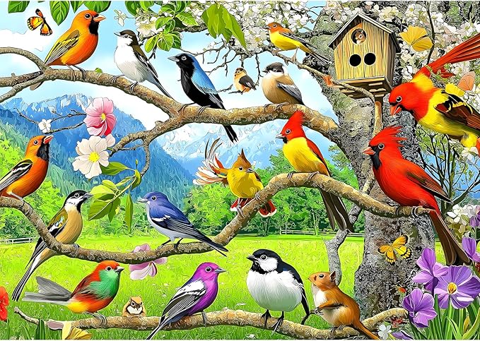 Birds of Spring 1000 Piece Jigsaw Puzzle for Adults Garden Colorful Songbirds on Tree Branch Scene Landscape Puzzle Challenging Family Puzzle Perfect for Game Nights (27.5"X19.6")