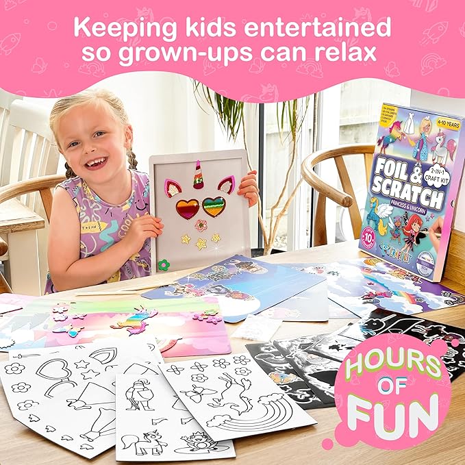 Craftikit ® Award-Winning Unicorn and Princess Foil Art & Rainbow Scratch Art for Kids- 2-in-1 Arts and Crafts Kit for Kids Ages 4-10 - Unicorn Crafts for Girls Ages 4, 5, 6, 7, 8, 9, 10