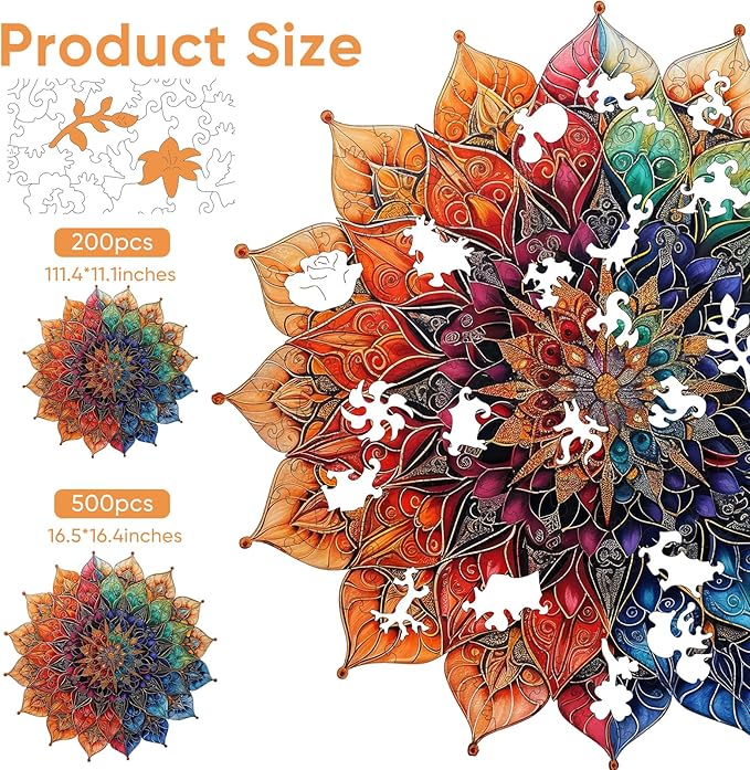 Colorful Mandala Wooden Puzzles for Adults, 200 Piece Unique Shaped Wood Jigsaw Puzzles for Adults and Kids, Fun Challenging Puzzles Family Game Gift, Medium 11.4'' x 11.1''