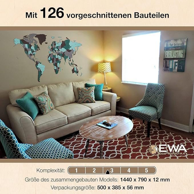 EWA Eco-Wood-Art - Wooden Puzzles for Interior and Design - World map - Souvenir, Gift, Kitchen, Home Decor, Interior (Untouched Worlds 126 Pieces)