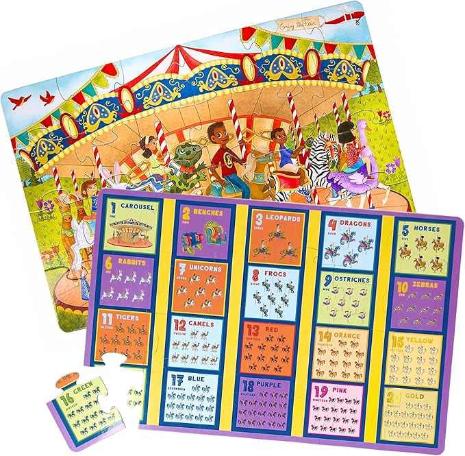 Joyful Carousel Animals Numbers and Colors - 24 Piece 2-Sided Beginnger Puzzle,Toddler Boy,Girl, Ages 3-5, Counting Activity with African American-Diverse Children at Play