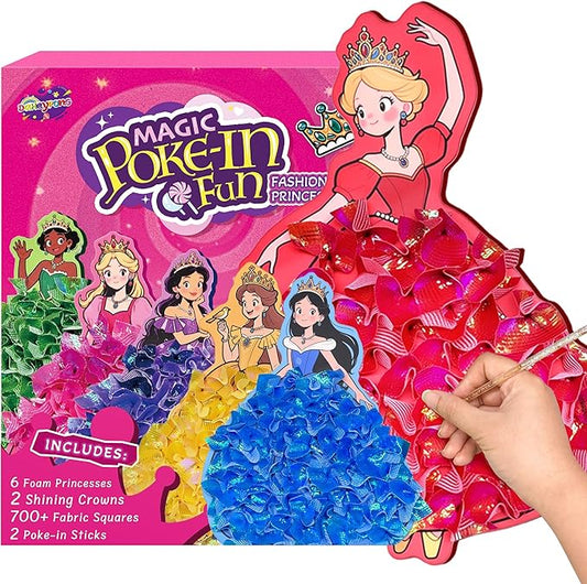8 Pcs Poke in Crafts Art Kits for Girls, Fashion Princesses DIY Mess Free Kids' Paper Craft Kits, with 700+ Fabric Squares, 6 Foam Princesses, 2 Crowns - Birthday Gift, Creative Gift for Kids