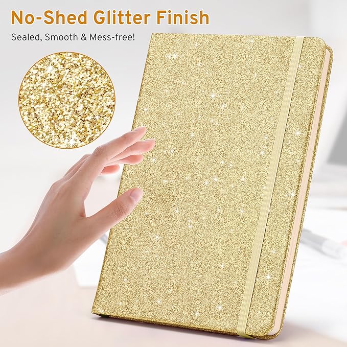 Gold Glitter Notebook, 8.4"x 5.7", 200 Lined Pages, No-Shed Sparkle Journal for Girls & Women, A5 Hardcover Diary for Writing, Birthday Gift for Teen Kids, Trendy Stuff for 8 9 10 11 12 Year Old