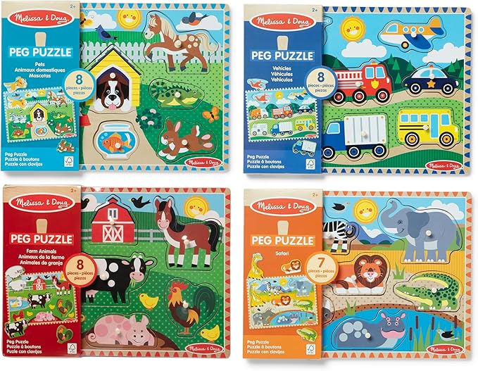 Melissa & Doug Wooden Peg Puzzle Set – 4-Pack Vehicle, Farm, Safari & Pet Animal Themes – Educational Puzzles for Toddlers and Preschoolers Ages 2+