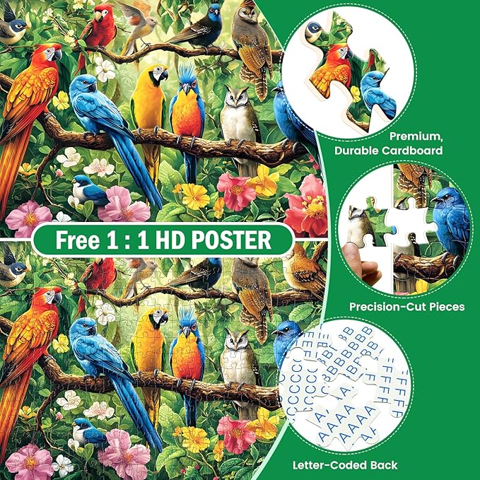 300 Piece Puzzle for Adults,Jungle Parrots Jigsaw Puzzles Adults Kids Seniors,Large Piece Animal Puzzle for Kids Ages 8-10 10-12,Bird Flower Puzzles Letters on Back,Unique Puzzles Great Gift,20.5*15in