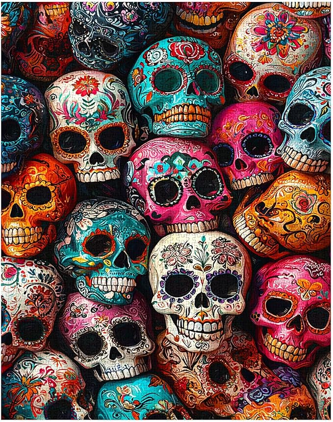 Tucocoo 1000 Piece Jigsaw Puzzles for Adults Pile of Sugar Skulls Puzzle Day of The Dead Colorful Skeleton Art 1000 Pieces Puzzles for Challenging Family Activity Game DIY Puzzle Wall Decor Gifts