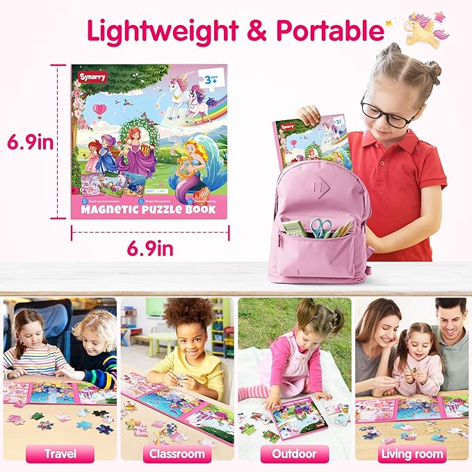 SYNARRY Unicorn Mermaid Princess Magnetic Puzzles for Toddlers 3-5 Girls, 20 Pieces Travel Puzzles for Kids Ages 4-6, Car Airplane Road Trip Activities Toys for 3 4 5 6 Year Old Girls Birthday Gifts