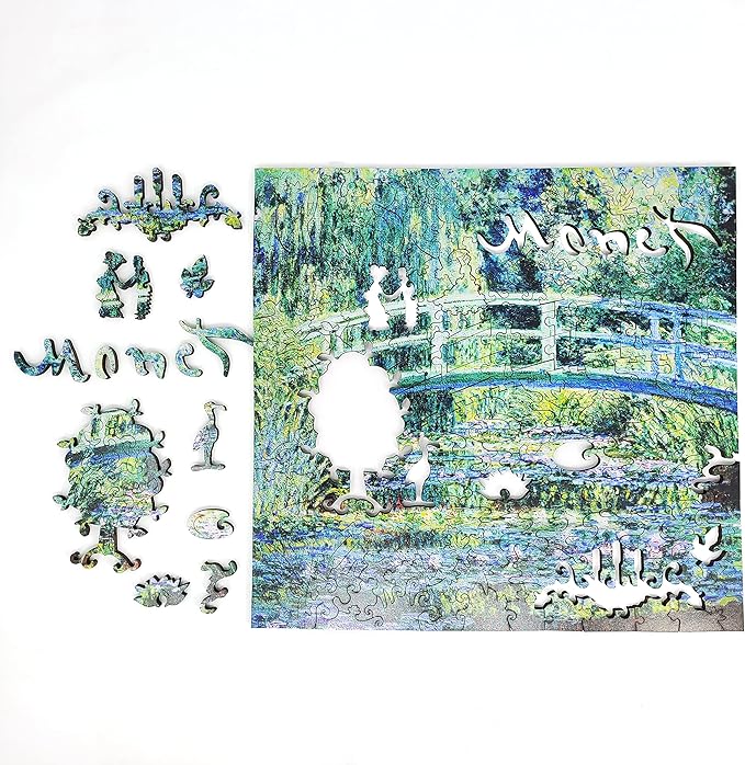 Wooden Jigsaw Puzzle for Adults - Uniquely Shaped Pieces - Made in The USA by FoxSmartBox - 210 Pieces - Water Lilies and Japanese Bridge
