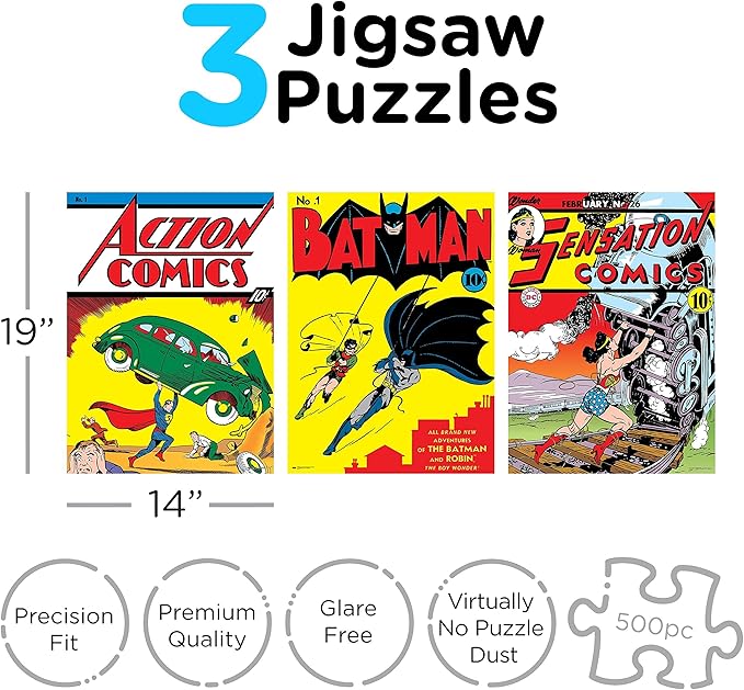 Aquarius DC Comics 3 x 500 Piece Jigsaw Puzzle Set with Bonus Poster – Superhero Puzzle Pack for Adults, Kids & Families | Superman, Batman & Wonder Woman