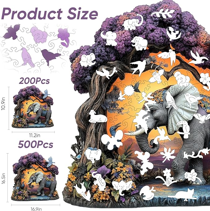 Wooden Puzzles for Adults, Elephant Jigsaw Puzzles 500 Pieces, Unique Shaped Puzzle for Adults and Kids, Christmas Birthday Gift Family Game 16.5 x 16.9 Inch