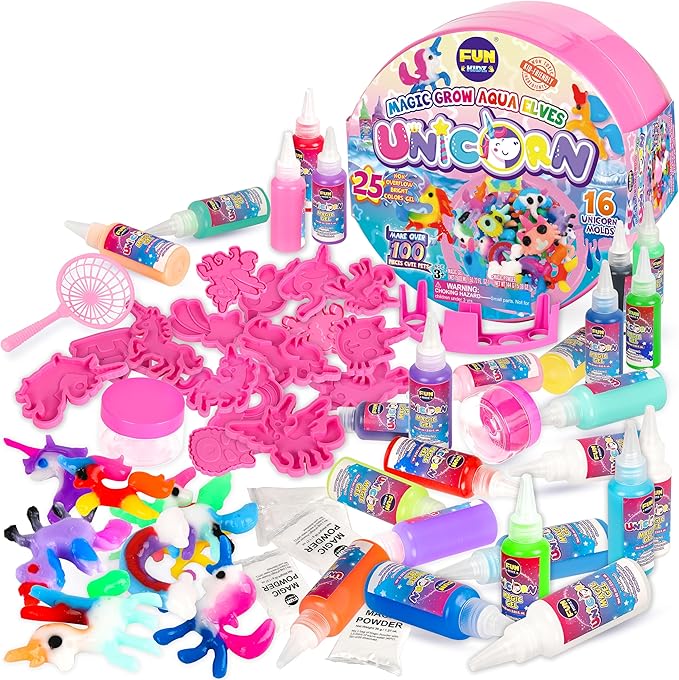 Unicorn Magic Grow Aqua Elves Kit, FunKidz Magical Water Elf Toys for Kids with 25 Colors Gel 16 Unicorn Molds to Make Over 100 Water Pets Crafts for Girls Boys Ages 3+