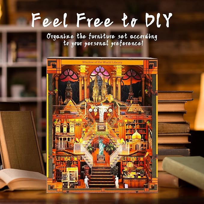 Book Nook Kit for Adults - DIY World Library Booknook, 3D Wooden Dollhouse Puzzle with LED Lights, Miniature Bookshelf Decor for Home Libraries