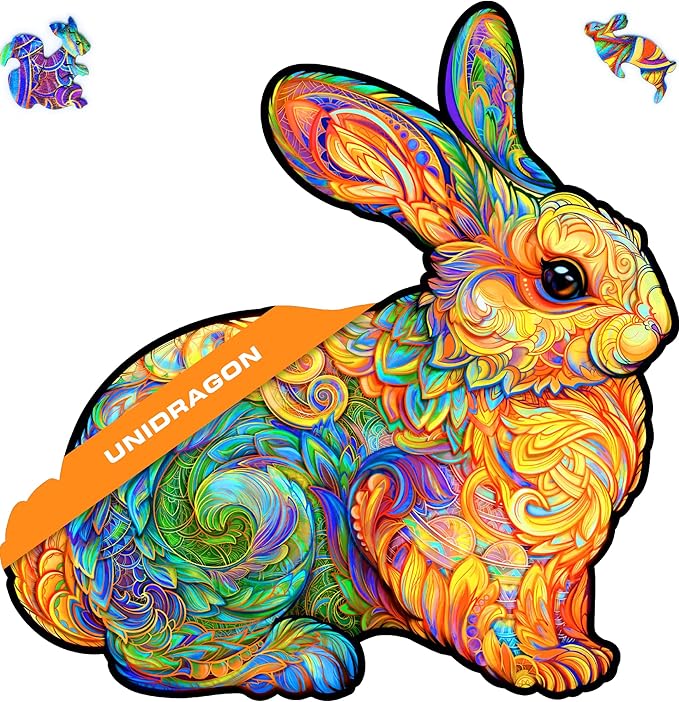 UNIDRAGON Original Wooden Jigsaw Puzzles - Precious Rabbit, 195 Pieces, Medium Size 11.4"x11.8", Beautiful Gift Package, Unique Shape Best Gift for Adults and Kids